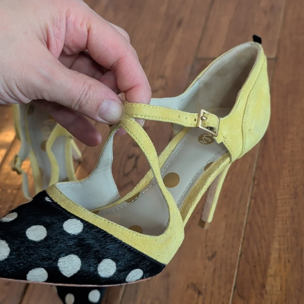 Boden Trisha Yellow and Black Polka Dot Cowhide Pointy Toe Strappy Heels - Picture 10 of 16